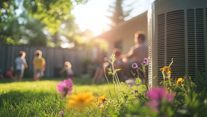 Summer Backyard Bliss: Children Playing, Sunlit Flowers, and Air Conditioning Humming