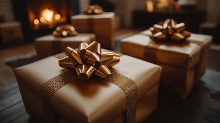 Gold gift boxes with bows near fireplace.