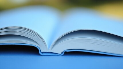 Fototapeta premium Close-up of an open light blue book on a blue surface.