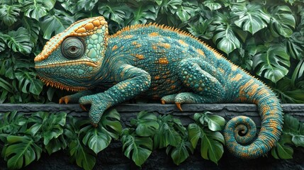 Obraz premium Vibrant chameleon perched on a branch amidst lush tropical foliage.