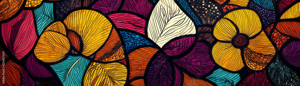 Poster interlocking floral shapes with vibrant african patterns and intricate textures for banner display