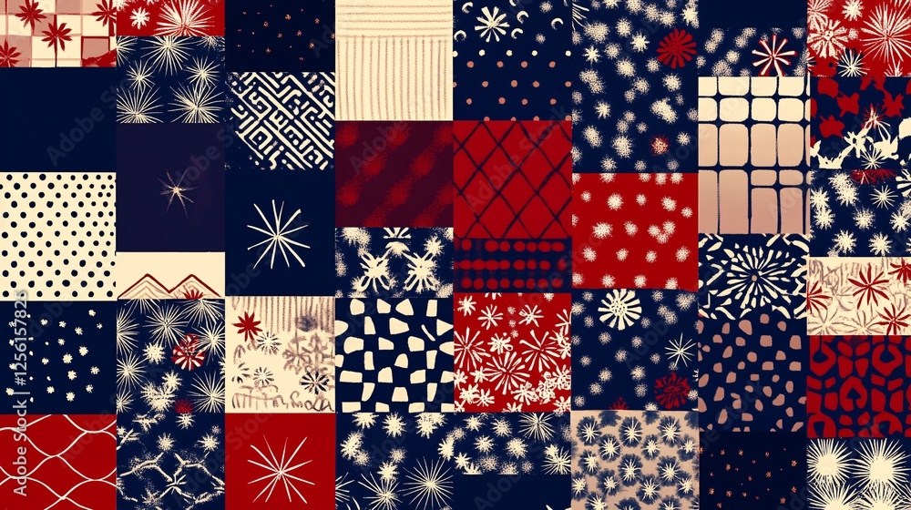Poster a vibrant patchwork collage featuring an array of geometric and floral patterns in red, navy, and cr