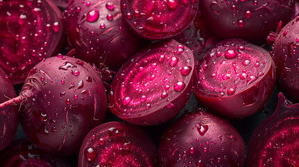 close-up fresh beets deep red water droplets artistic pattern black background