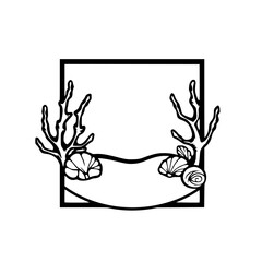 Black Outline Square Frame: Coral Reef Silhouette featuring Seaweed and Shells.