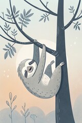 Naklejka premium Sleepy Sloth at Dusk: An adorable sloth hangs upside down from a tree branch, silhouetted against a dreamy sunset sky, stars twinkling. A charming illustration perfect for children's books, cards.