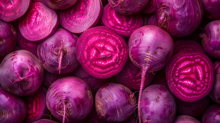 Fototapeta premium macro shot pile fresh purple beets vibrant color intricate patterns overhead view