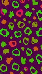 Vibrant, neon leopard print pattern on a dark purple background.  Abstract, modern, and eye-catching. Ideal for backgrounds, design elements, and bold projects.