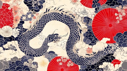 A stunning blue dragon gracefully winds through red and navy floral patterns, symbolizing strength and power in Asian culture.