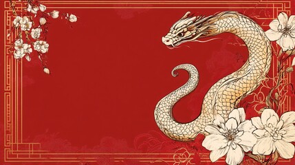 Obraz premium A majestic golden dragon winds through delicate white flowers on a vibrant red background, symbolizing power and luck.