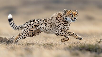 Naklejka premium Cheetah running across dry grass savanna.