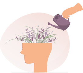 Human head with flowers, mental health support concept, emotional comfort, World Mental Health Day, positive thinking, flat vector illustration