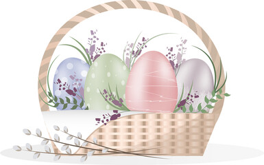 Decorated Easter eggs in the basket, Happy Easter concept, basket decorated with spring flower,