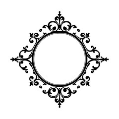 Ornate Black & White Circular Frame: Elegant Design with Flourishes on a White Background