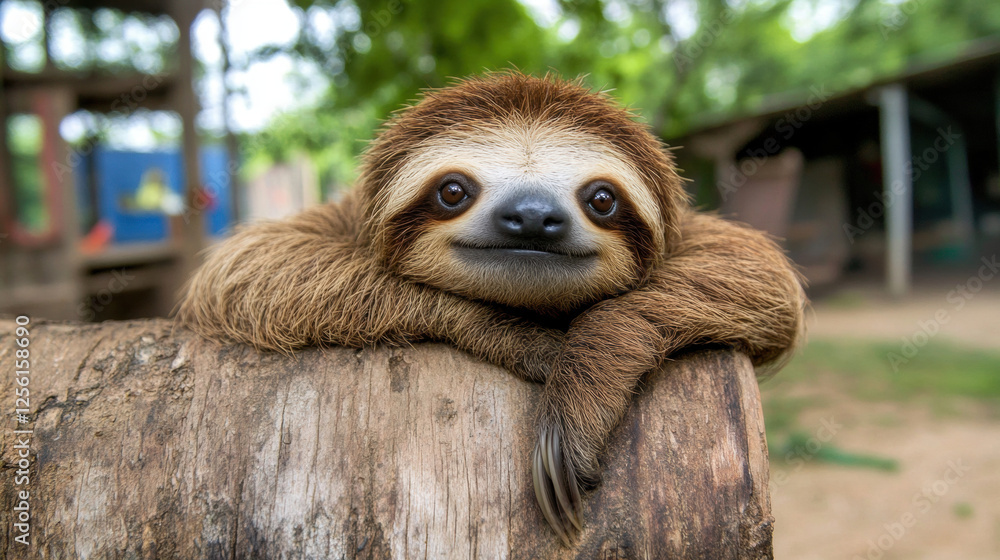 Poster happy sloth, a cheerful sloth smiles while hanging from a tree branch in a high-fidelity image, perf