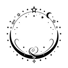 Circular celestial design featuring a crescent moon, stars, and decorative flourishes, black and white on a white background.