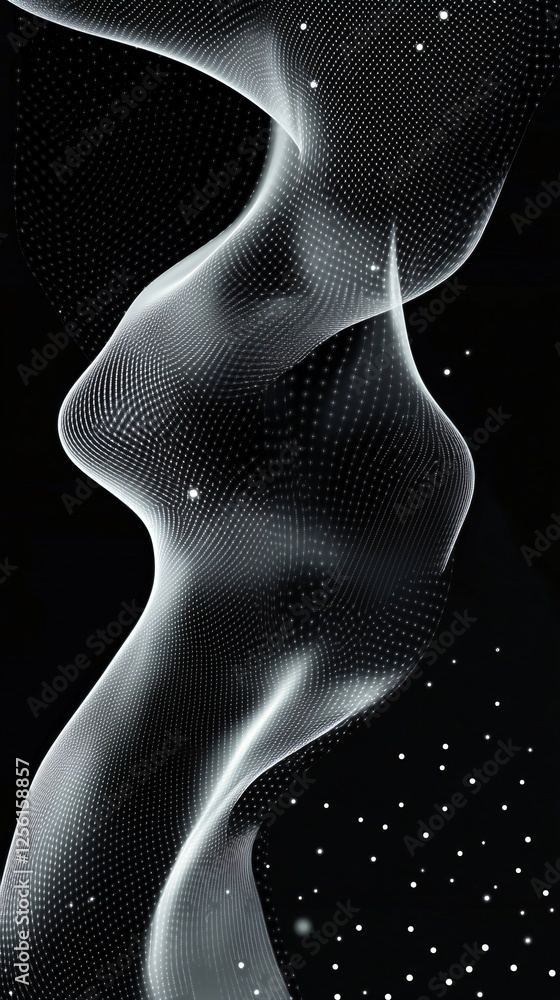 Poster elegant abstract shapes formed by a network of dots against a deep black background.