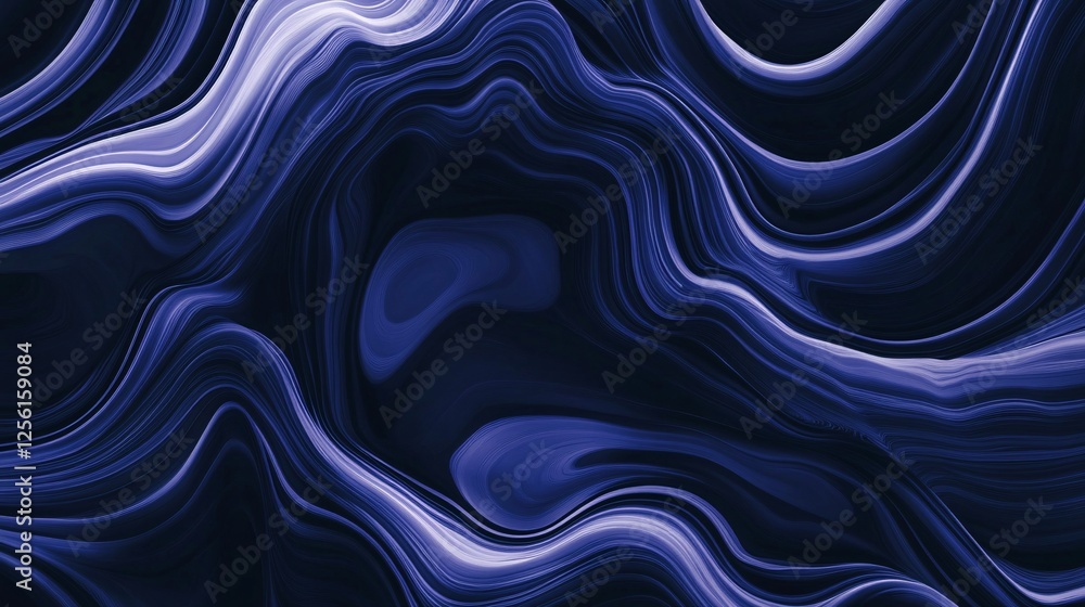 Poster a serene abstract design with flowing waves in deep blue and soft purple tones.