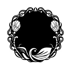 Art Deco floral black and white circular frame design, minimalist with flower and leaf.