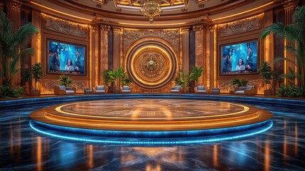Luxurious round stage in opulent hall with screens and seating.