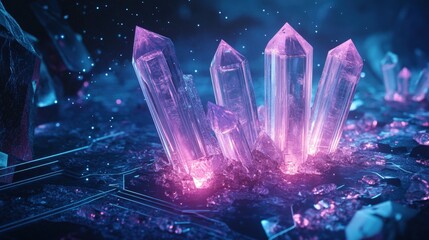 A futuristic, glowing, transparent device with intricate circuitry and crystal-like structures on top, emitting a blue light. The device appears to be a high-tech artifact or a piece of advanced techn