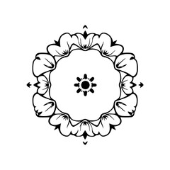 Abstract floral mandala with a central sun-like design and directional arrows.