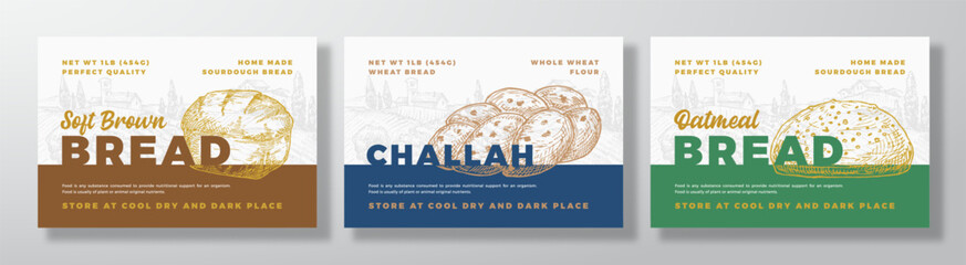 Bread Vector Packaging Design Label Backgrounds Set. Bakery Food Product Banner, Hand Drawn Brick Loaf, Challah, Oatmeal Sketch Silhouette Color Paper Banner Layouts Isolated