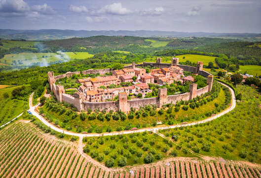 Monteriggioni, Italy. Tuscany scenic landscape with ancient walled city.