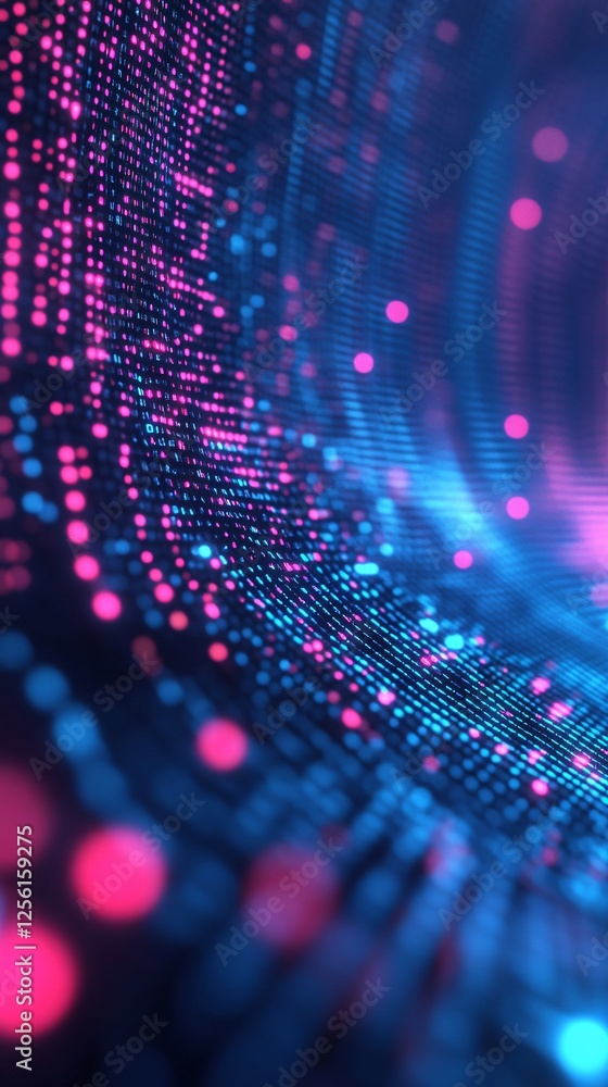 Poster abstract digital wave with vibrant pink and blue particles glowing in a mesmerizing flow.