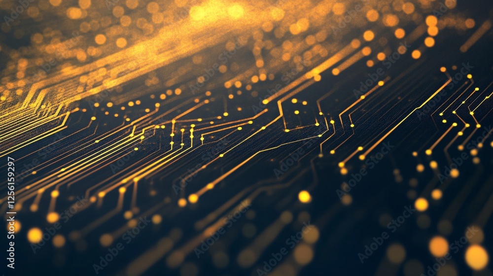 Poster a close-up view of an intricate circuit board design, featuring glowing golden lines and dots that s