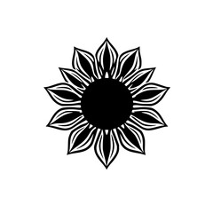 Black and White Sunflower: a central-focused image of a sunflower with black center and petals, on white background.