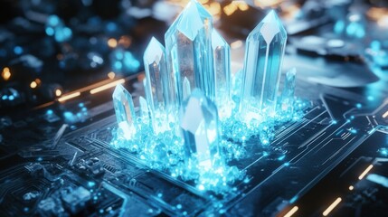 A futuristic, glowing, transparent device with intricate circuitry and crystal-like structures on top, emitting a blue light. The device appears to be a high-tech artifact or a piece of advanced techn