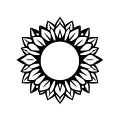 A symmetrical black and white image depicting a sunflower, featuring a central white circle and surrounding leaves.