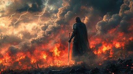 Lone knight stands amidst fiery battlefield, apocalyptic storm raging behind.