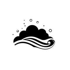 Black and White minimalist Japanese wave and cloud graphic design with bubbles on a white background.