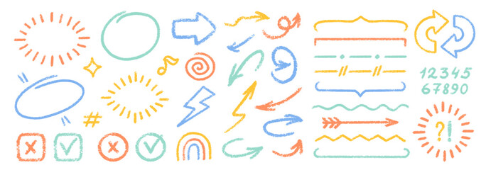 Cute Crayon Pencil Emphasis Squiggles Vector Set. Chalk Scribble Graffiti Arrows Frames Speech Bubbles Underlines. Hand Drawn Brush Texture Star Shapes Highlights. Pencil Childish Charcoal Doodles