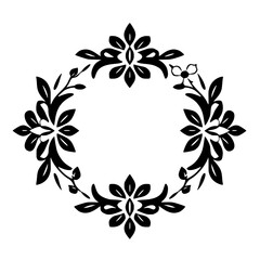 Floral circle pattern design with flowers and leaves, Black and white, minimalistic design.