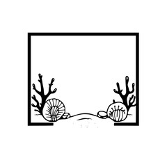 Black-and-white illustration of a seashell and coral arrangement on sand within a frame.