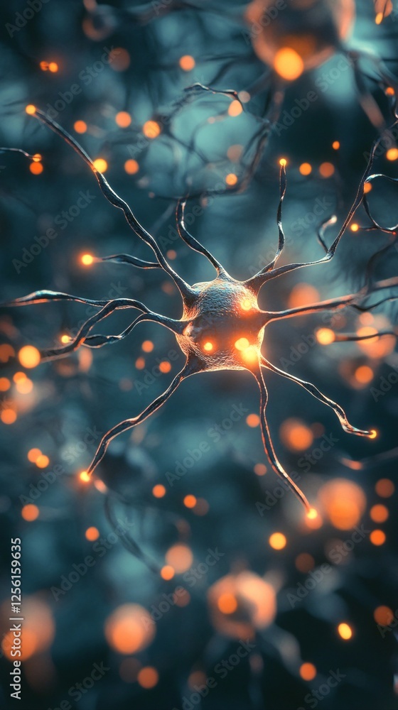 Poster a close-up of a vibrant neuron illuminated with glowing synapses, showcasing its intricate structure