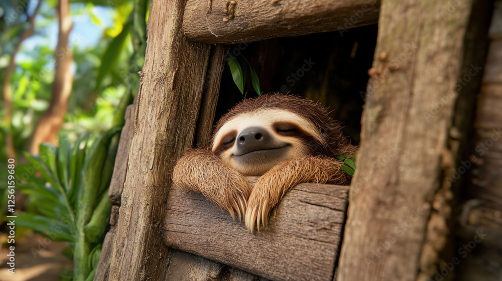 Poster happy sloth, a photorealistic image of a sloth captured in high fidelity, showcasing its unique char