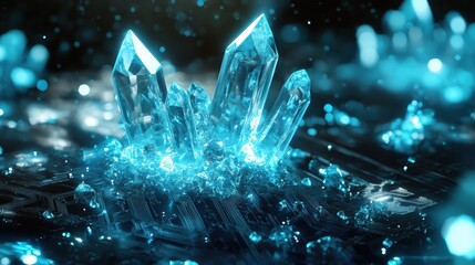 A futuristic, glowing, transparent device with intricate circuitry and crystal-like structures on top, emitting a blue light. The device appears to be a high-tech artifact or a piece of advanced techn