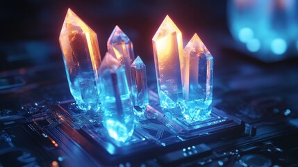 A futuristic, glowing, transparent device with intricate circuitry and crystal-like structures on top, emitting a blue light. The device appears to be a high-tech artifact or a piece of advanced techn