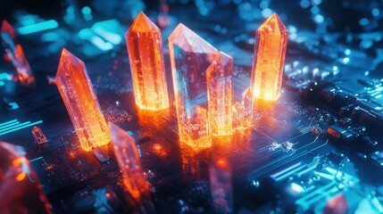 A futuristic, glowing, transparent device with intricate circuitry and crystal-like structures on top, emitting a blue light. The device appears to be a high-tech artifact or a piece of advanced techn