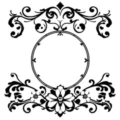 Black-and-white floral border design, featuring a central circle, skull-faced flower, and ornate scrollwork, suitable for various applications.