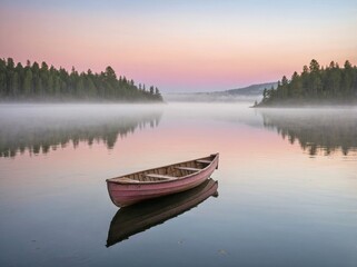 A small wooden rowboat gently floating on a still lake at sunrise.