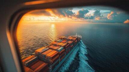 Aerial view of cargo ship at sunset through airplane window