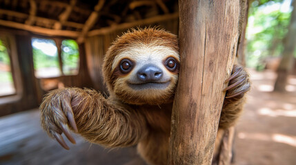 Fototapeta premium Happy sloth, A playful sloth reaching out toward the camera in a high-fidelity image.