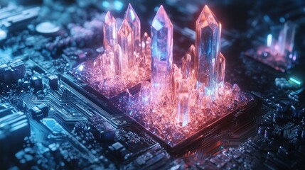 A futuristic, glowing, transparent device with intricate circuitry and crystal-like structures on top, emitting a blue light. The device appears to be a high-tech artifact or a piece of advanced techn