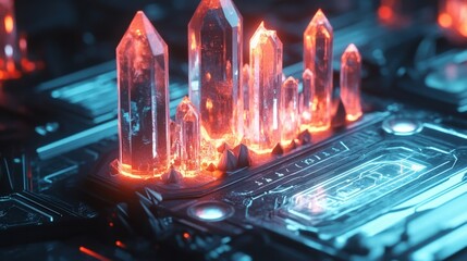 A futuristic, glowing, transparent device with intricate circuitry and crystal-like structures on top, emitting a blue light. The device appears to be a high-tech artifact or a piece of advanced techn