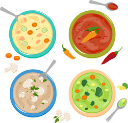 Soup with vegetables, mushrooms, chicken and hot chili soup. Top view of dishes of different types of soup. Vector illustration set