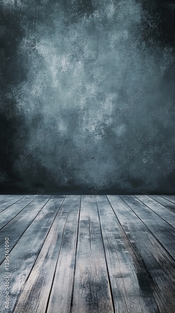 Poster a textured gray wall with a rustic wooden floor, creating a moody and atmospheric backdrop.